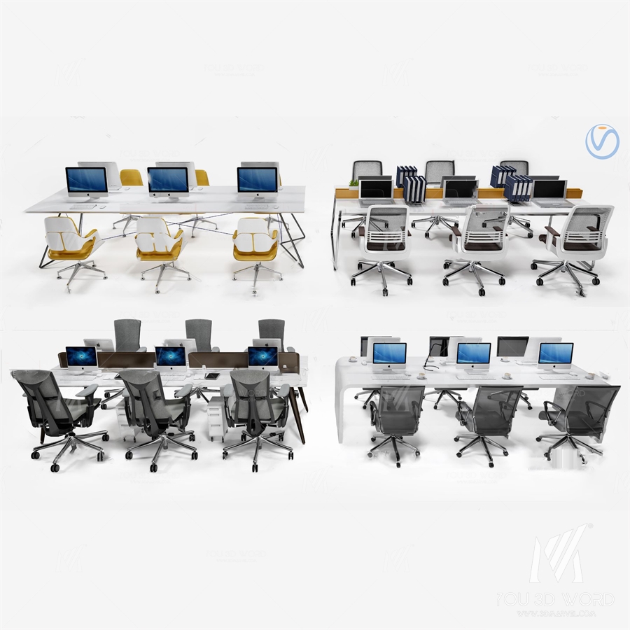 Modern card position office desk and chair combination 3d model